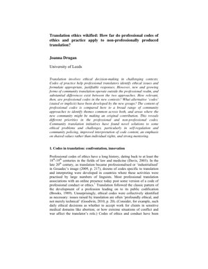 PDF Document Cover - Translation Ethics Wikified: Professional Codes vs. Community Practice